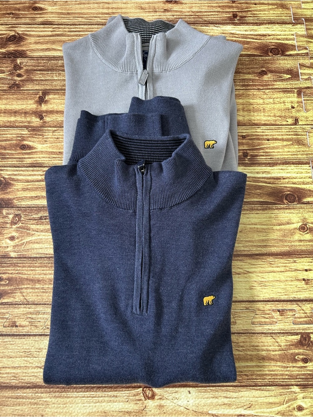Men's Half-Zip Sweaters with Embroidered Bear - Navy and Light Gray